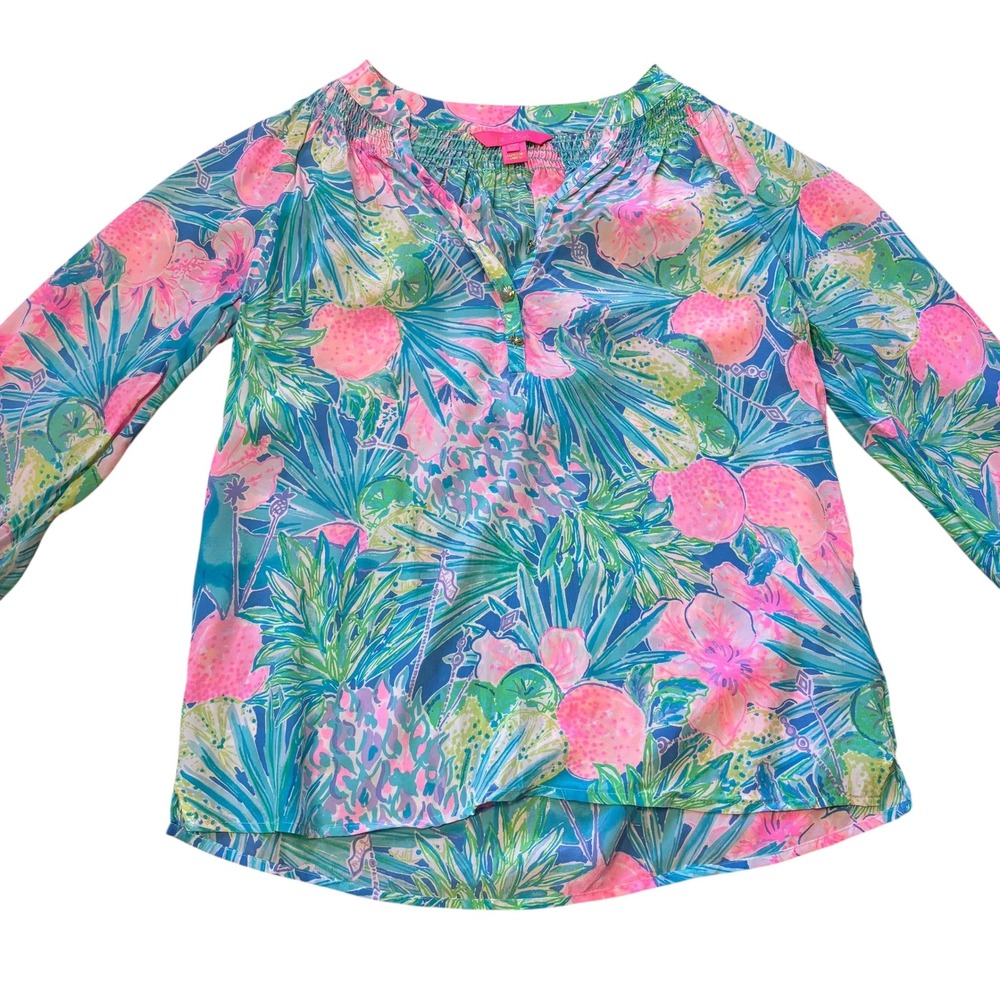 Lilly Pulitzer Elsa Blouse 100% Silk Smocked V Neck Long Sleeve XS